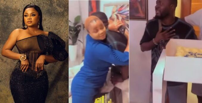 Emotional moment actress Bimbo Ademoye throws surprise birthday party for her staff while on movie set